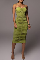 グリーン セクシー ソリッド パッチワーク フォールド スパゲッティ ストラップ ワン ステップ スカート ドレス