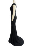 Черное элегантное однотонное вечернее платье в стиле пэчворк с разрезом и V-образным вырезом Платья