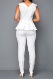 ホワイト ファッション カジュアル ソリッド パッチワーク V ネック レギュラー ジャンプスーツ