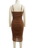 Coffee Sexy Solid Patchwork Fold Spaghetti Strap One Step Skirt Dresses