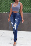 Diepblauwe, casual, effen gescheurde skinny jeans met hoge taille en hoge taille