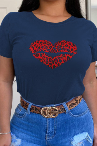 Navy Blue Casual Street Leopard Patchwork O Neck T-Shirts