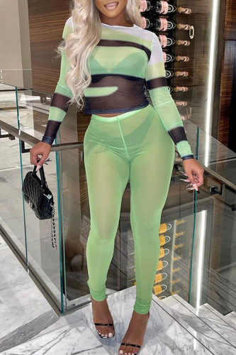 Green Sexy Print Patchwork See-through O Neck Long Sleeve Two Pieces