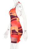 Мандариновый сексуальный принт в стиле пэчворк с открытой спиной и лямкой на шее, юбка-карандаш, платья