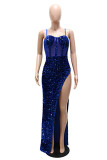 Blue Sexy Patchwork See-through Backless Slit Spaghetti Strap Evening Dress