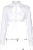 White Fashion Sexy Solid Hollowed Out Patchwork Turndown Collar Tops