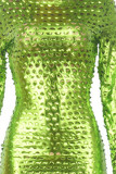 Groene sexy effen uitgeholde patchwork doorzichtige O-hals rokjurken met één stap