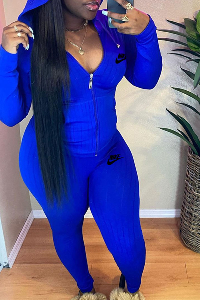 

Blue Fashion Casual Print Split Joint Hooded Collar Long Sleeve Two Pieces