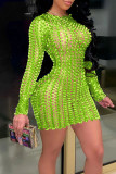 Green Sexy Solid Hollowed Out Patchwork See-through O Neck One Step Skirt Dresses