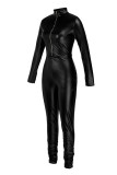 Black Fashion Casual Solid Fold Rits Kraag Skinny Jumpsuits (Zonder Riem)