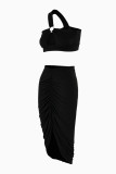 Black Fashion Sexy Solid Hollowed Out Backless Fold Strapless Sleeveless Two Pieces