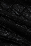 Tute attillate a mezza maglia a collo alto in rete trasparente con patchwork nero