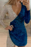 Blue Sexy Solid Sequins Patchwork Asymmetrical V Neck One Step Skirt Dresses