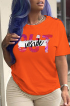 Orangefarbene, lässige Patchwork-T-Shirts mit O-Ausschnitt und Sportswear-Print