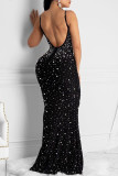 Black Sexy Solid Patchwork Backless Beading Hot Drill Sling Dress Dresses