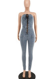 Blue Sexy Solid Bandage Hollowed Out Patchwork Strapless Sleeveless Regular Denim Jumpsuits
