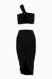 Black Fashion Sexy Solid Hollowed Out Backless Fold Strapless Sleeveless Two Pieces