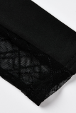 Schwarzer, sexy, durchsichtiger, durchsichtiger Patchwork-Overall mit halbem Rollkragen