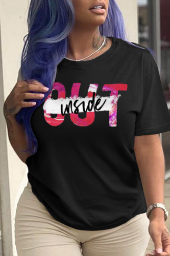 Black Casual Sportswear Print Patchwork O Neck T-Shirts