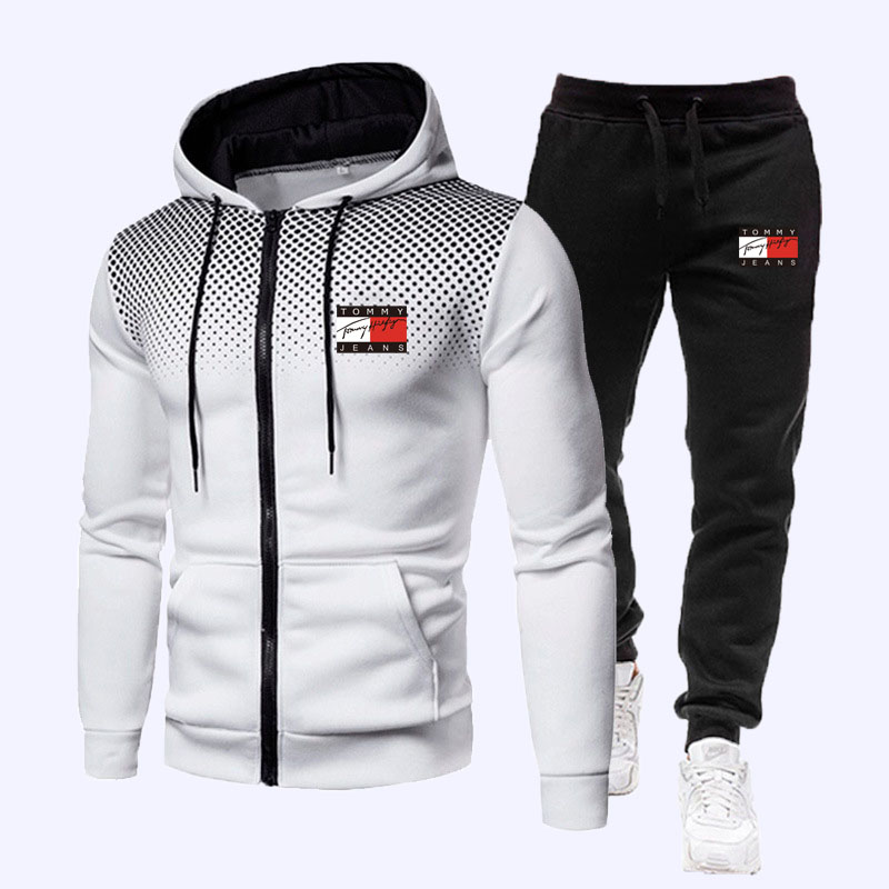 

White Fashion Sportswear Print Patchwork Hooded Collar Long Sleeve Two Pieces