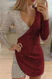 Pink Sexy Solid Sequins Patchwork Asymmetrical V Neck One Step Skirt Dresses