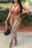 Yellow Brown Sexy Print Patchwork Backless V Neck Regular Jumpsuits