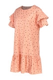 オレンジファッションカジュアルドットプリントパッチワークOネック半袖ドレスドレス