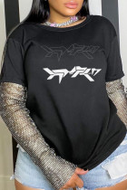 Camisetas con cuello en O de patchwork con estampado de calle de moda negro