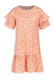 Apricot Fashion Casual Dot Print Patchwork O-Ausschnitt Kurzarm Kleid Kleider