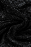 Tute attillate a mezza maglia a collo alto in rete trasparente con patchwork nero