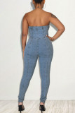 Blue Sexy Solid Bandage Hollowed Out Patchwork Strapless Sleeveless Regular Denim Jumpsuits