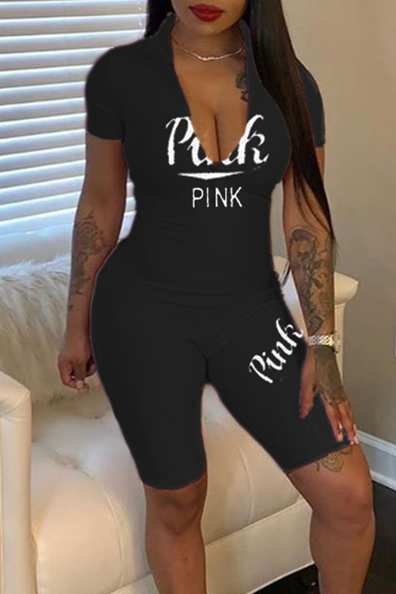 

Black Sexy Print Split Joint V Neck Regular Jumpsuits