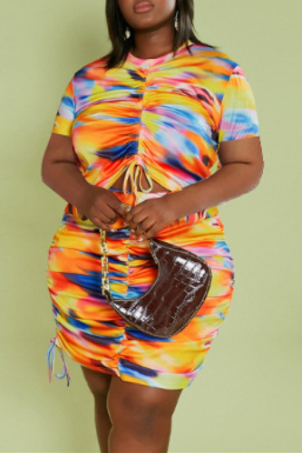 Yellow Fashion Casual Print Draw String Fold O Neck Plus Size Two Pieces