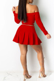 Red Sexy Casual Solid Backless Off the Shoulder Long Sleeve Two Pieces