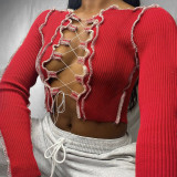 Rose Red Sexy Casual Solid Bandage Uitgeholde O-hals Tops