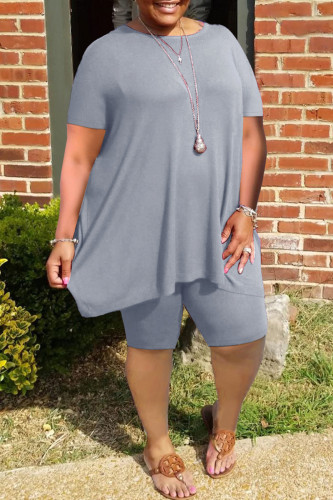 Grey Fashion Casual Solid Basic O Neck Plus Size Two Pieces