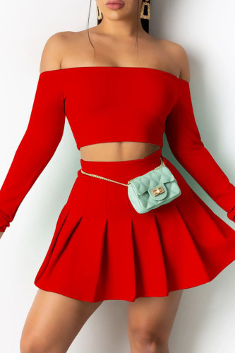 Red Sexy Casual Solid Backless Off the Shoulder Long Sleeve Two Pieces