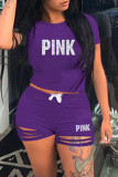 Фиолетовый модный повседневный принт с буквенным принтом и круглым вырезом с коротким рукавом из двух частей