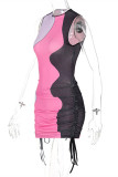 Pink Sexy Casual Patchwork Draw String Frenulum O Neck Vest Dress