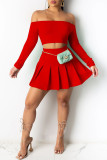 Rose Red Sexy Casual Solid Backless Off the Shoulder Long Sleeve Two Pieces