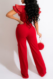 Red Fashion Casual Patchwork Pailletten mit Gürtel V-Ausschnitt Regular Jumpsuits