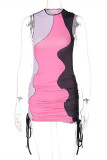 Pink Sexy Casual Patchwork Draw String Frenulum O Neck Vest Dress