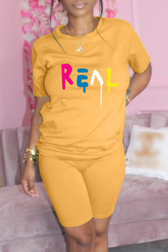 Yellow Fashion Casual Print Basic O Neck Short Sleeve Two Pieces