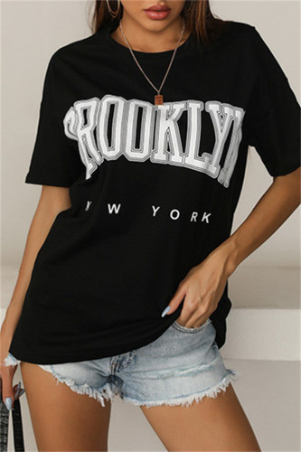 Black Fashion Casual Letter Print Basic O Neck T-Shirts