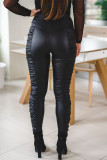 Pantalones lápiz de cintura alta flacos con pliegues sólidos casuales de moda negro