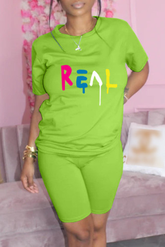 Fluorescent Color Fashion Casual Print Basic O Neck Short Sleeve Two Pieces