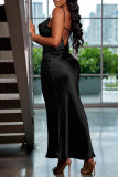 ブラックファッションセクシーなソリッドバックレススパゲッティストラップロングドレスドレス