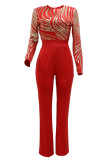 Red Fashion Casual Patchwork Pailletten O Neck Regular Jumpsuits