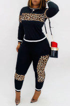 Zwart casual tweedelige pakken met patchwork luipaardpotlood met lange mouwen