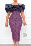紫色のファッション パッチワーク バックレス スリット オフ ショルダー イブニング ドレス ドレス